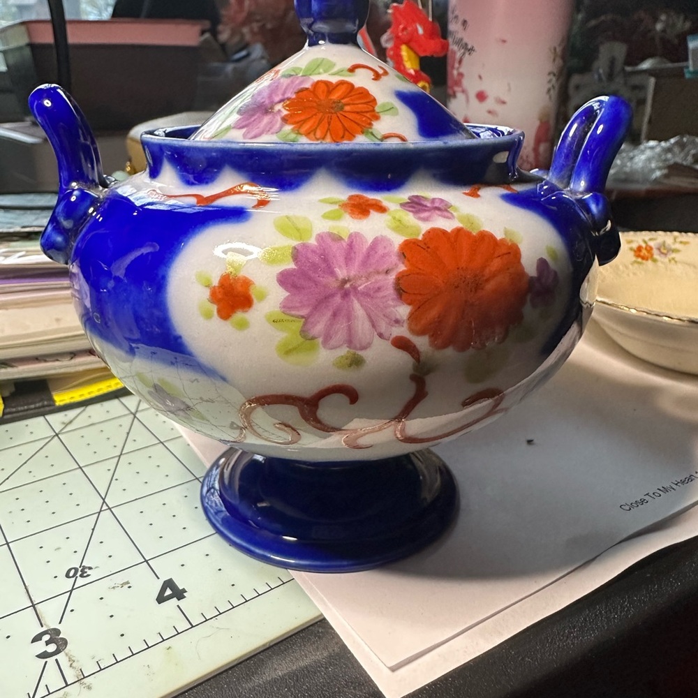 Flow blue sugar bowl